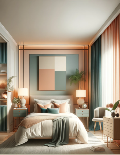 DALL·E 2024-02-09 02.08.26 - Create a vertical image of a chic and modern bedroom that showcases a color scheme of soft peach (#efc47b), almost white cream (#fefef5), muted teal (